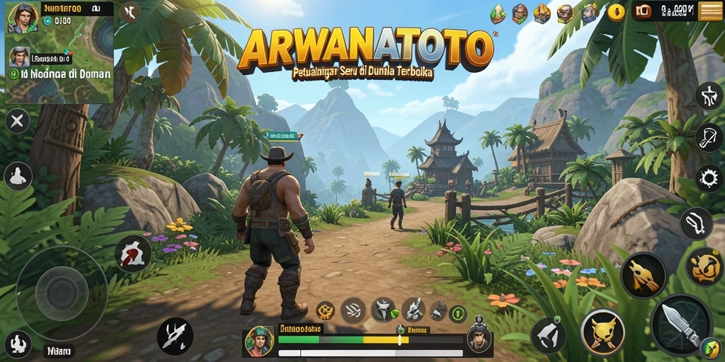 Screenshot menunjukkan pemain menjelajahi dunia terbuka ARWANATOTO yang menakjubkan.