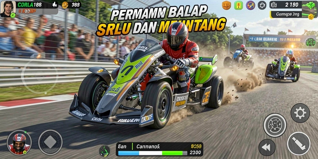 Gameplay CORLA188 yang mendebarkan dengan kendaraan balap menawan.