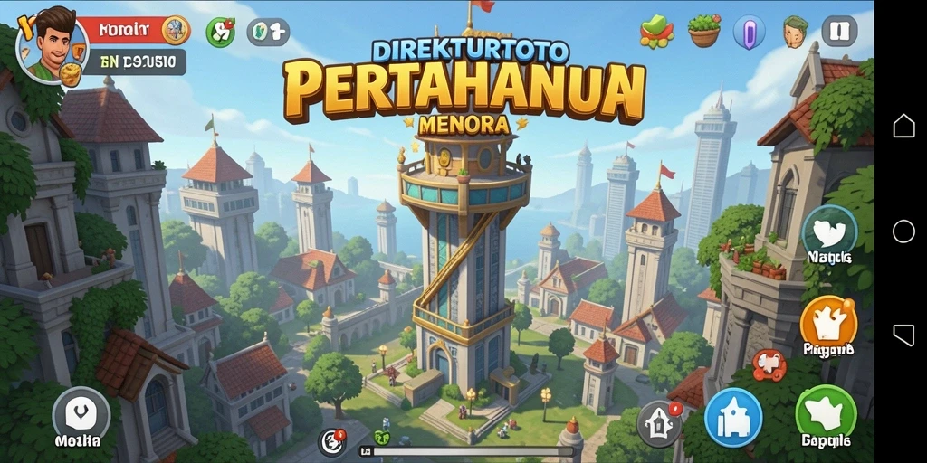 Tampilan gameplay DIREKTURTOTO dengan aksi menara pertahanan.