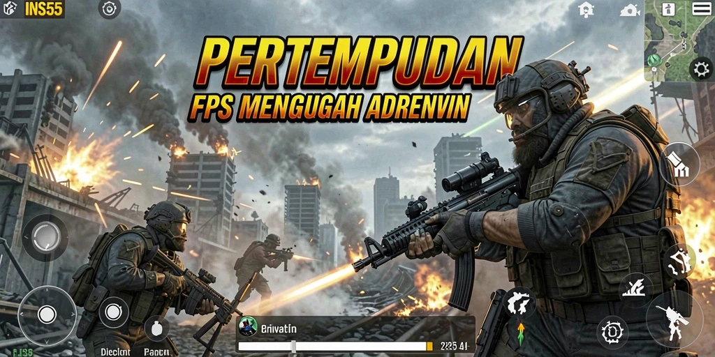 Screenshot gameplay INS55 menampilkan aksi tembak-menembak yang intens.
