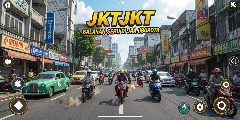 Tampilan gameplay JKTJKT dengan mobil balap yang beraksi di trek.