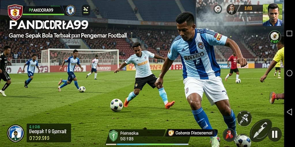 Screenshot gameplay PANDORA99 menunjukkan aksi seru di lapangan sepak bola.