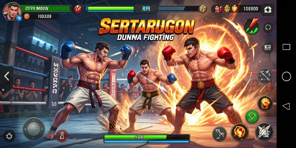 Screenshot utama RP8 menampilkan duel seru antara karakter di arena Fighting.