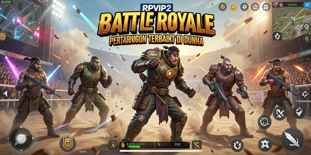 Screenshot RPVIP2 menampilkan aksi seru dalam pertempuran Battle Royale.
