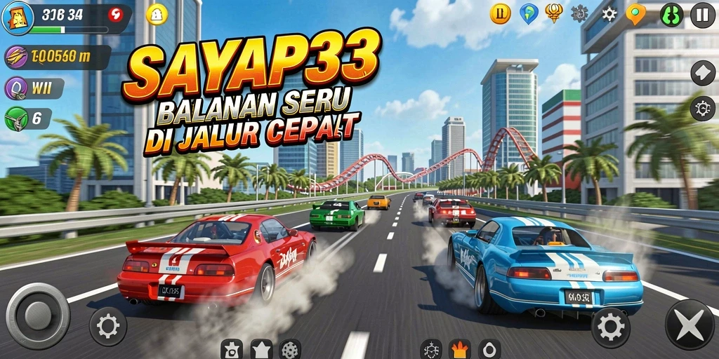 Tangkapan layar utama SAYAP33 menampilkan kecepatan tinggi dan aksi balap yang mendebarkan.