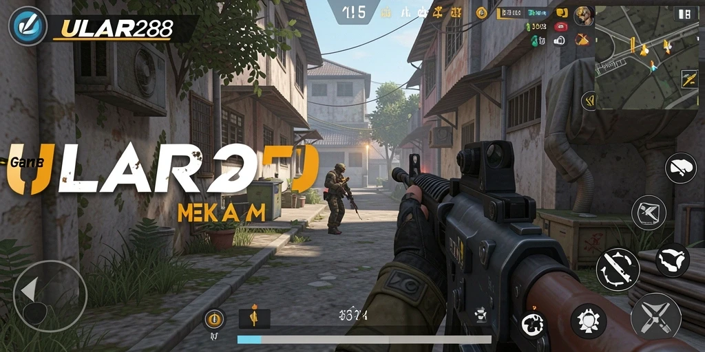 Screenshot gameplay ULAR288 menampilkan aksi pertempuran intens di arena FPS.