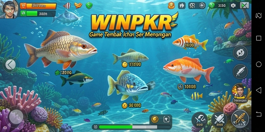 Screenshot WINPKR menampilkan gameplay menembak ikan yang seru.